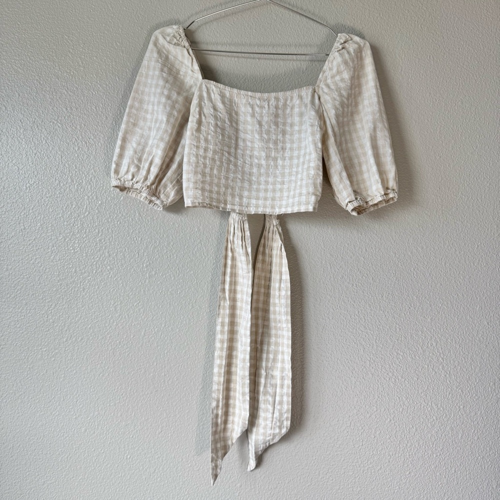 H&M Gingham Puff Sleeve Crop Top Open Tie Back Cottagecore Milkmaid